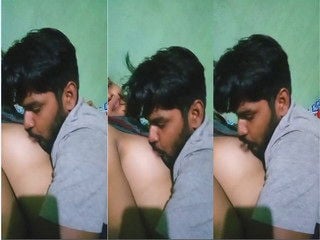 Nude desi chick showing off her body with lover's boob-sucking action